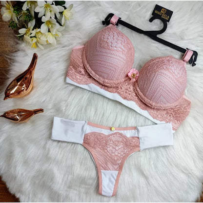 Conjunto Lingerie Renda/Rendado Bicolor Com Calcinha Fio Duplo - Moda Íntima