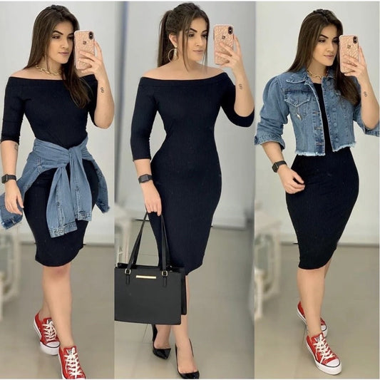 Vestido Feminino Midi Canelado Ombro a Ombro Manga Longa