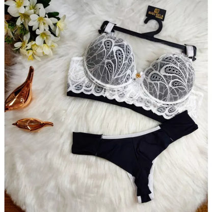 Conjunto Lingerie Renda/Rendado Bicolor Com Calcinha Fio Duplo - Moda Íntima
