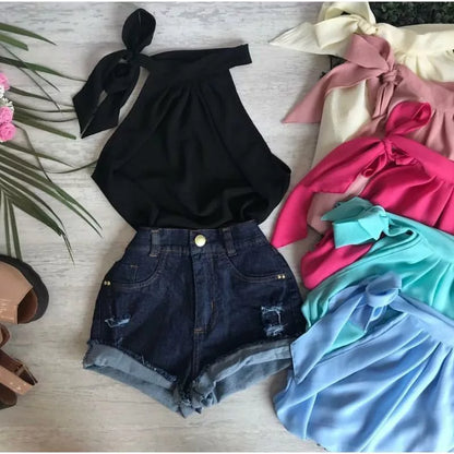 Blusa Feminina Gola Alta Laço Pescoço Crepe Moda Evangelica