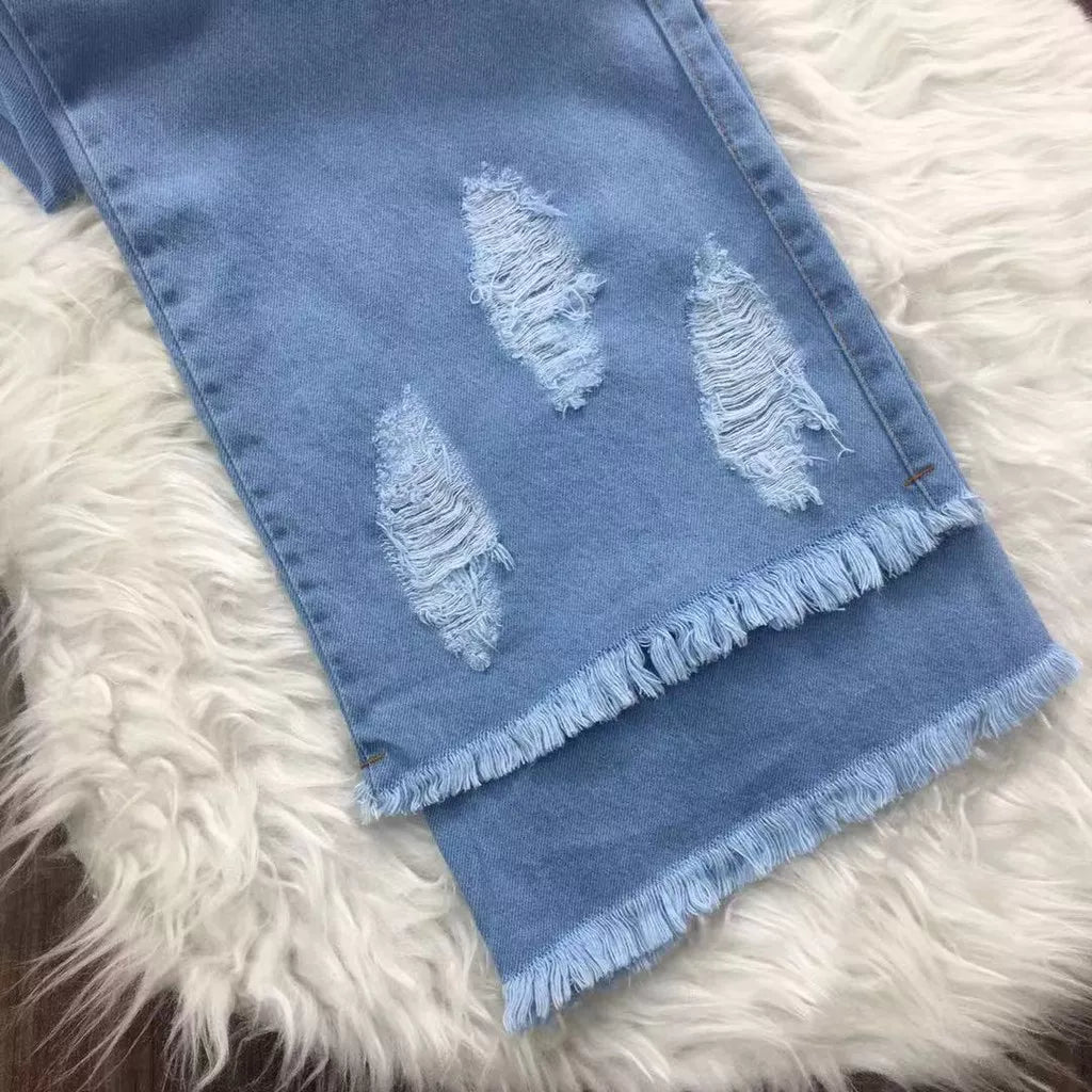 Calça Jeans Rasgada Feminina Pantalona Sem Lycra Wide Leg Calça Cintura Alta