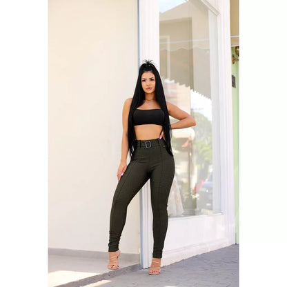 Calça Feminina Com Cinto Tecido Jacquard Xadrez cintura alta