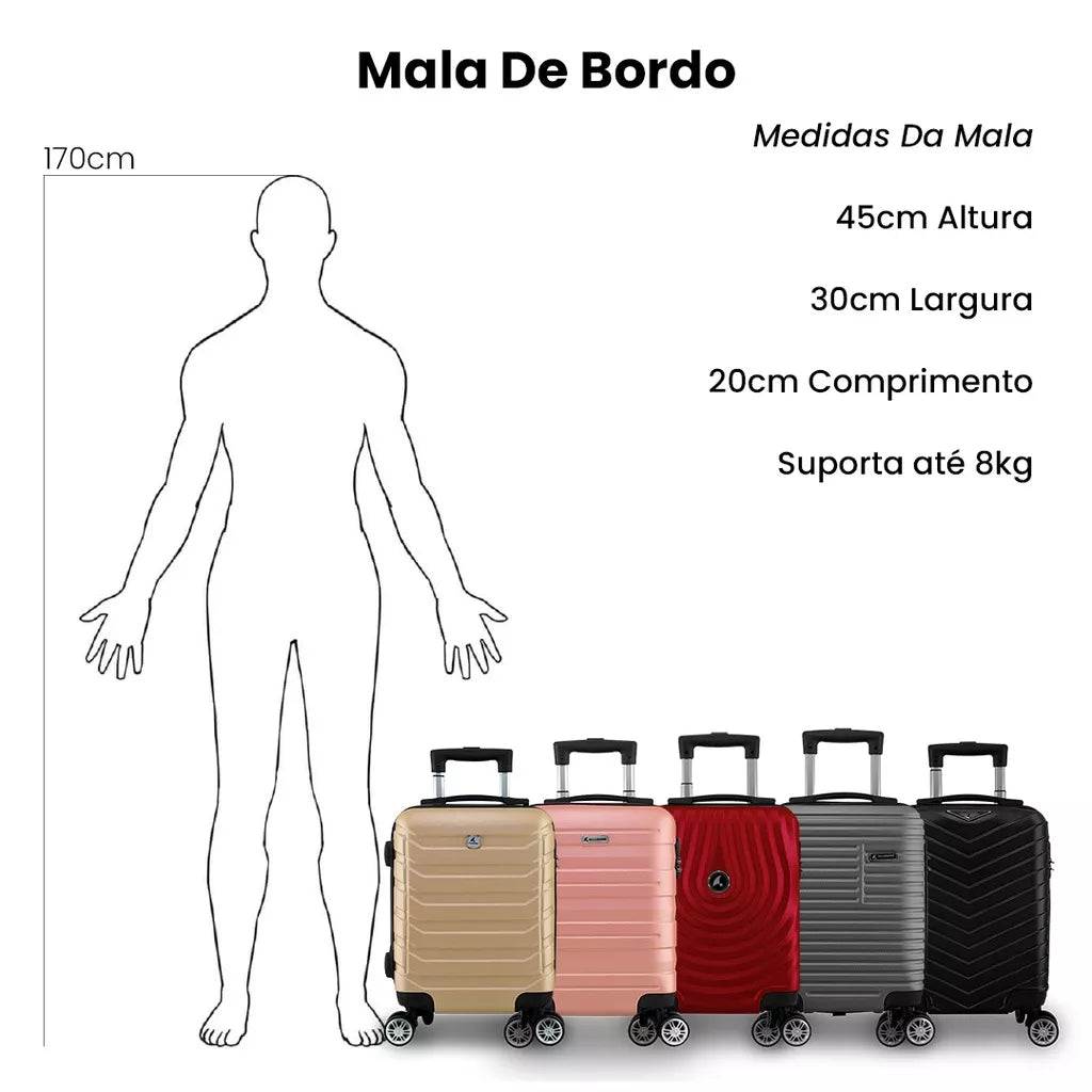 Kit Mala Bordo Viagem Frasqueira ANAC ABS Rígido Avião 45x30x20