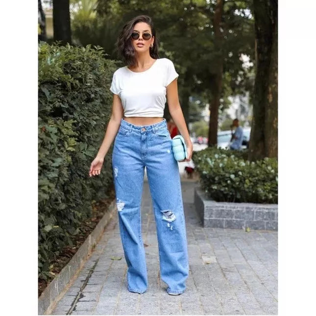 Calça Jeans Wide Leg Feminina Pantalona Sem Lycra Calça Cintura Alta 2022