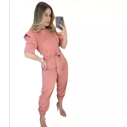 Macacão Longo Feminino com Cinto manga princesa