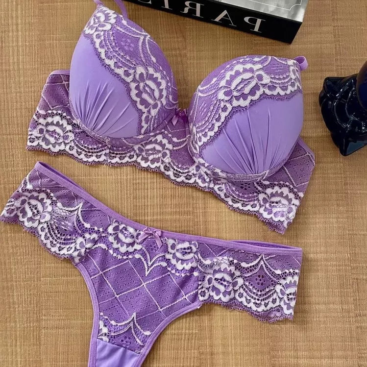 Conjunto Lingerie Rendado Bicolor Com Calcinha Fio - Moda Íntima