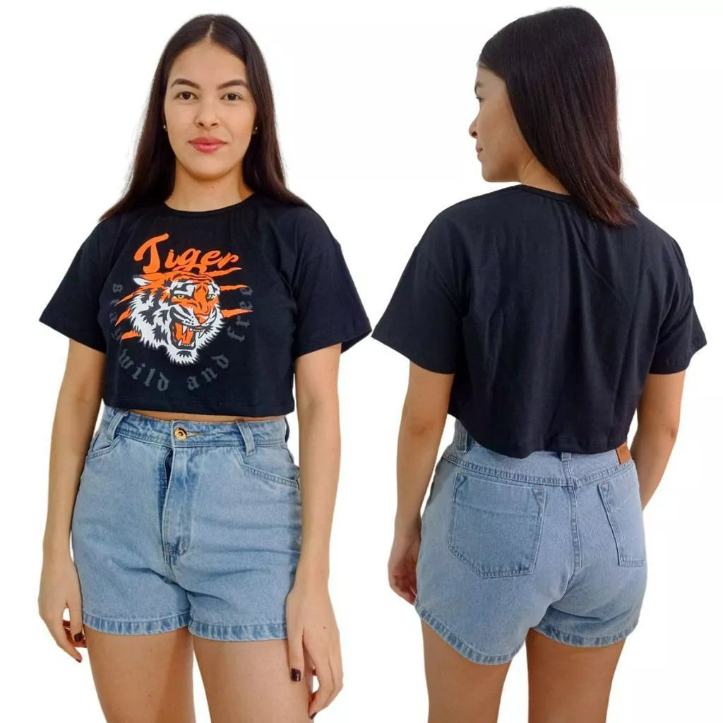 Camiseta T-shirt Cropped Oversized Estampado Moda Gringa Algodão
