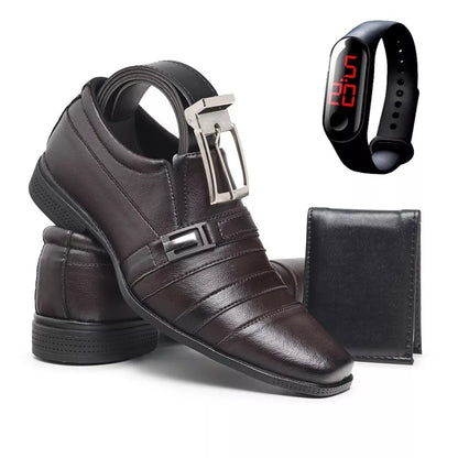 Kit Sapato Masculino Social Elegante Confortável com Relógio Carteira e Cinto