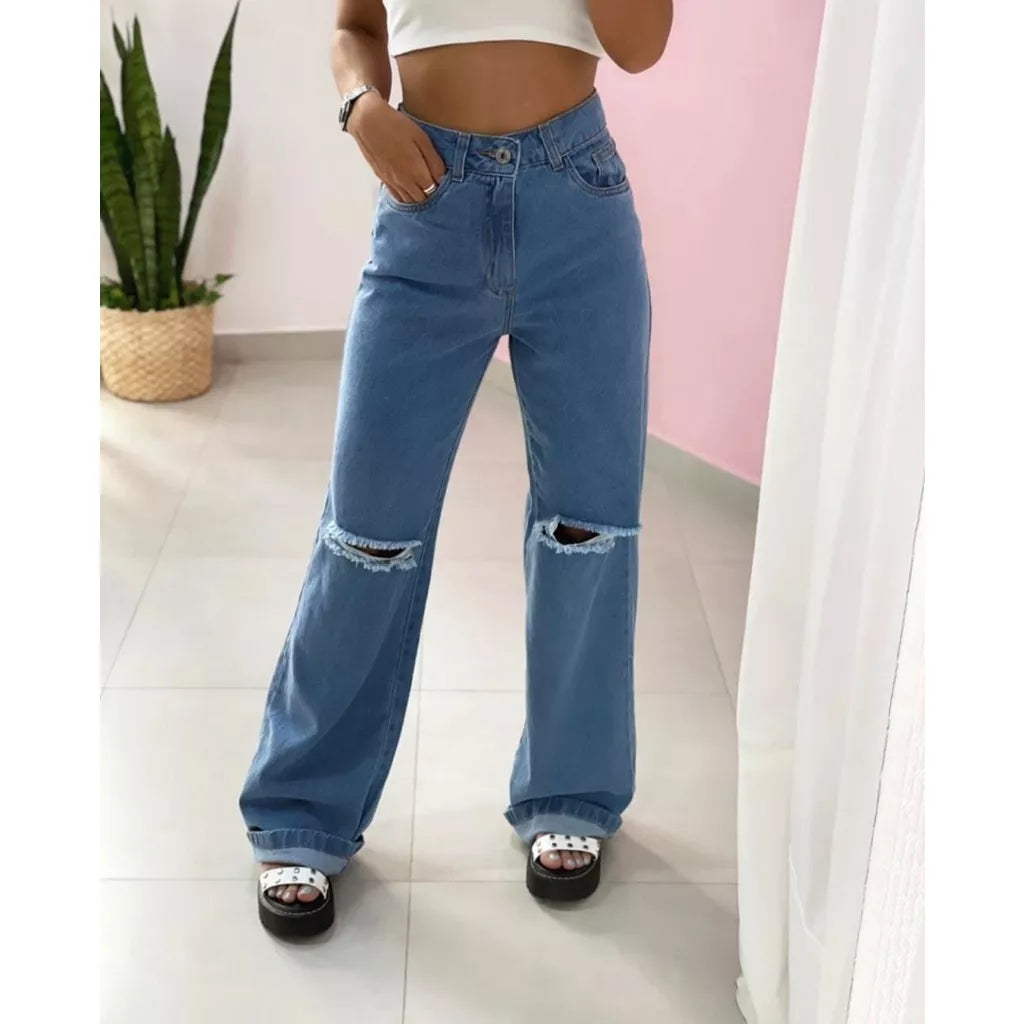Calça Wide Jeans Destroyed no Joelho Tendencia Lola Store