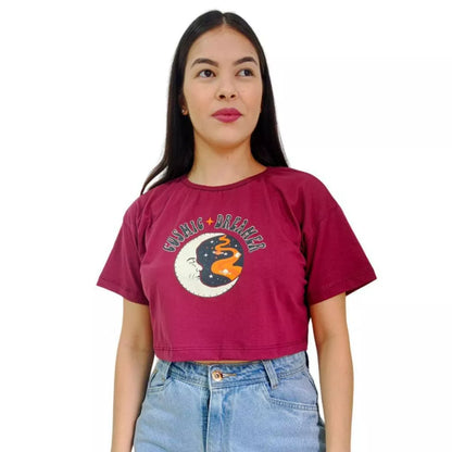 Camiseta T-shirt Cropped Oversized Estampado Moda Gringa Algodão
