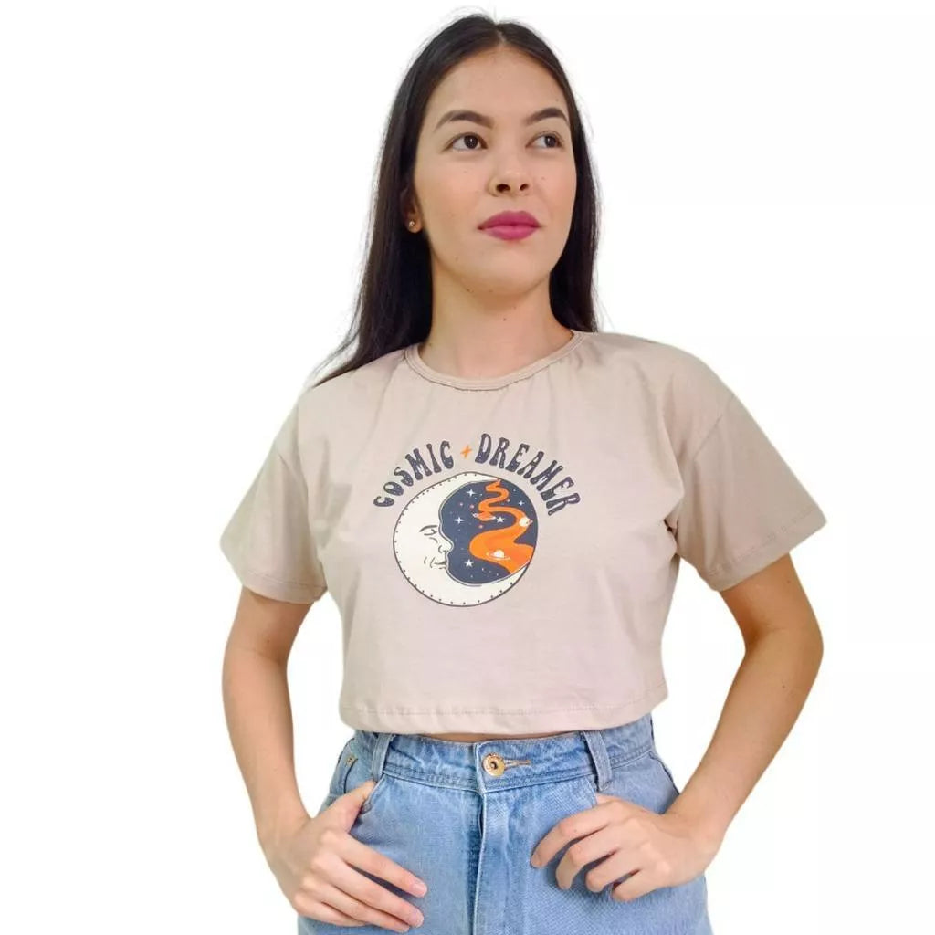 Camiseta T-shirt Cropped Oversized Estampado Moda Gringa Algodão