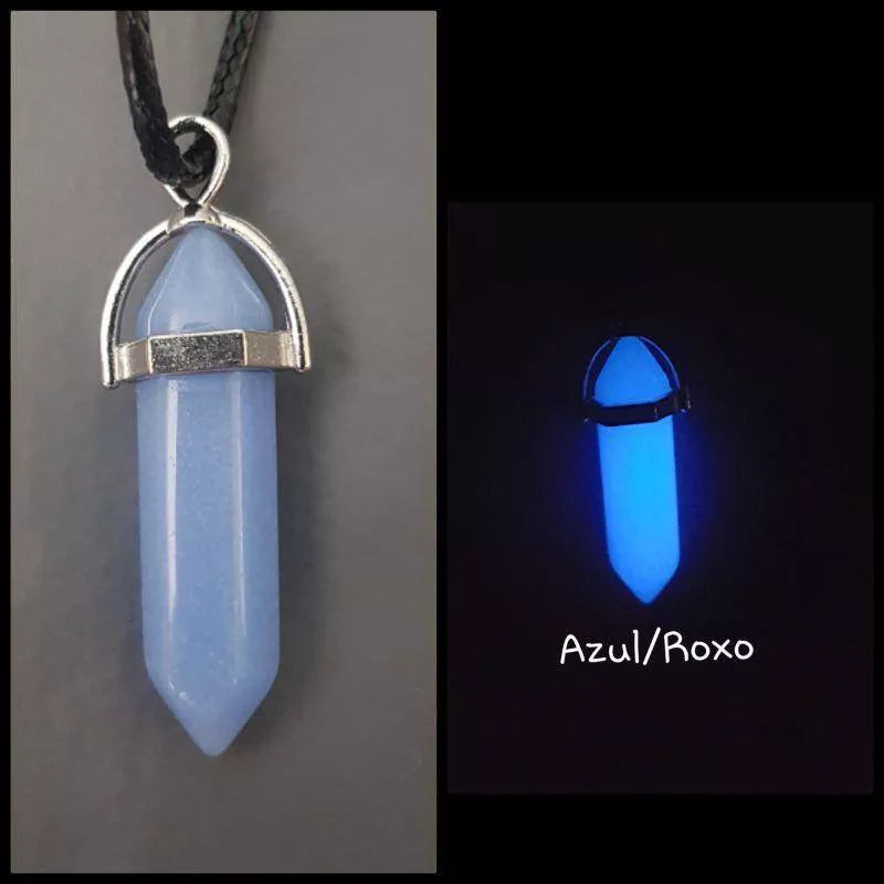 Colar de pedra hexagonal fluorescente luminosa, colar com pingente de couro, de cristal natural brilhante no escuro, pedra de bala