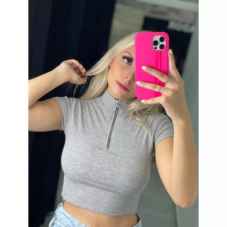 Cropped Feminino Canelado Com Zíper Manga Curta Moda Blogueira Verão