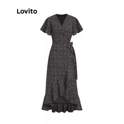 Lovito Boho Vestido de Bolinha Com Fenda e Decote V Profundo com Renda L12014 (Verde/Preto)