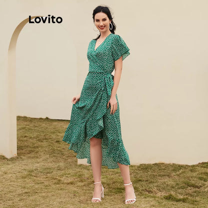Lovito Boho Vestido de Bolinha Com Fenda e Decote V Profundo com Renda L12014 (Verde/Preto)