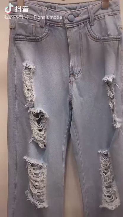 Calça Jeans Rasgada Feminina Pantalona Sem Lycra Wide Leg Calça Cintura Alta