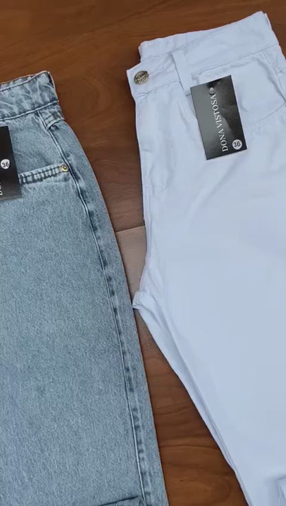 Calça Feminina Mom Jeans Mom Cintura Super Alta Escura e Clara Lisa