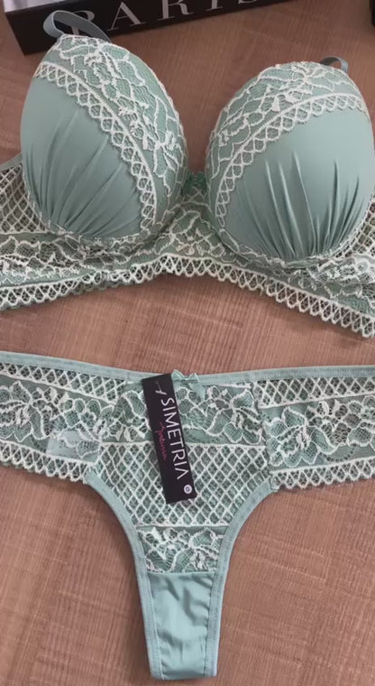 Conjunto Lingerie Rendado Bicolor Com Calcinha Fio - Moda Íntima