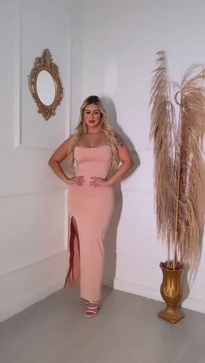 NOVO vestido colado LONGO SUPLEX com fenda costas nuas trançadas elegante empina bumbum