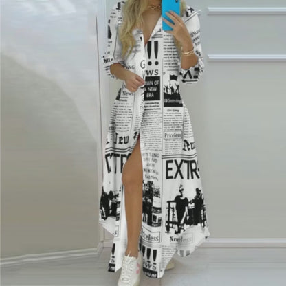 Vestido longo feminino casual solto com estampa listrada e botões