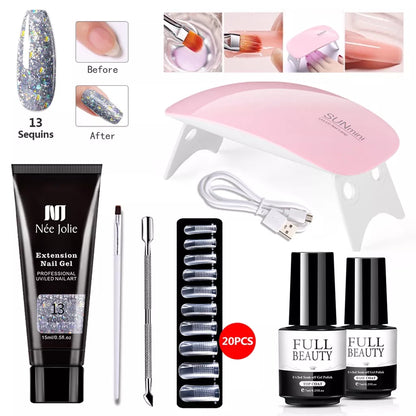 kit unha de gel poligel completo profissional de unha em gel polygel alongamento Set Nail Art Extension Kit Acrylic UV Gel Nail Files Nail Molds Builder Painting Brush Slip Solution DIY Manicure
