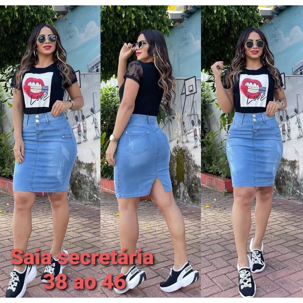 Saia Jeans Moda Evangélica Lindo Modelo Secretária