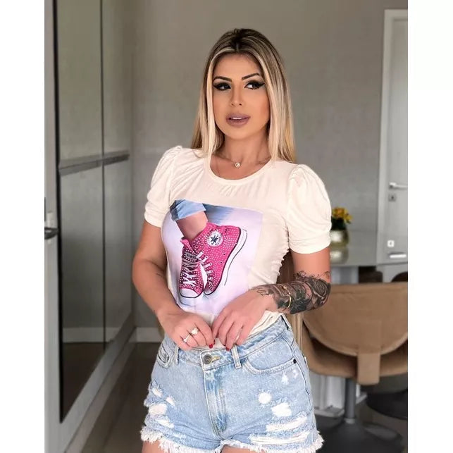 Blusa feminina manga princesa estampada blusas ( 36 ao 48) Tecido Viscolaycra