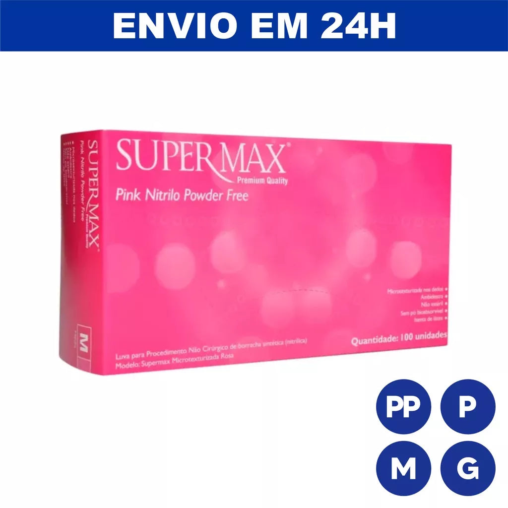 Luva Nitrilica Rosa Pink Sem Pó Sem talco caixa C/100 Supermax