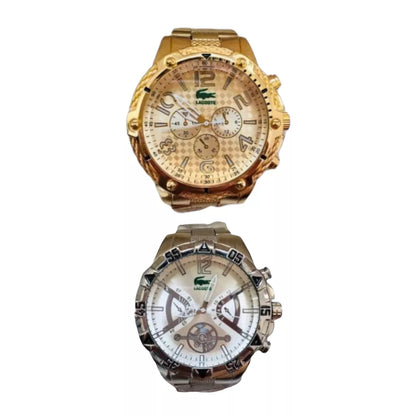 Relógio masculino dourado prata metal analógico digital refletivo jacaré