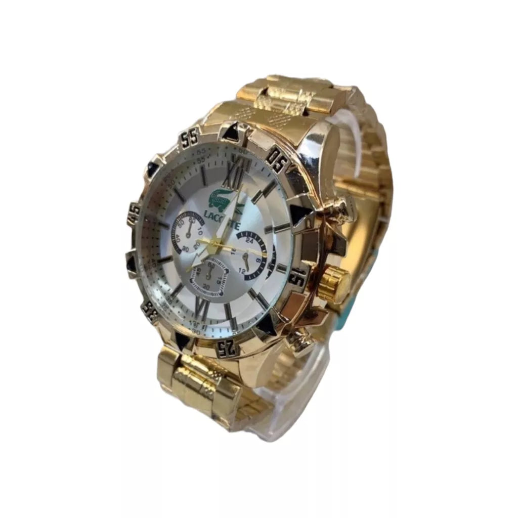 Relógio masculino dourado prata metal analógico digital refletivo jacaré