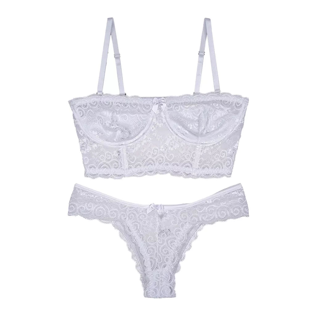 Conjunto Lingerie Renda Sutiã Cropped Alça Removível Tomara Que Caia Calcinha Estela