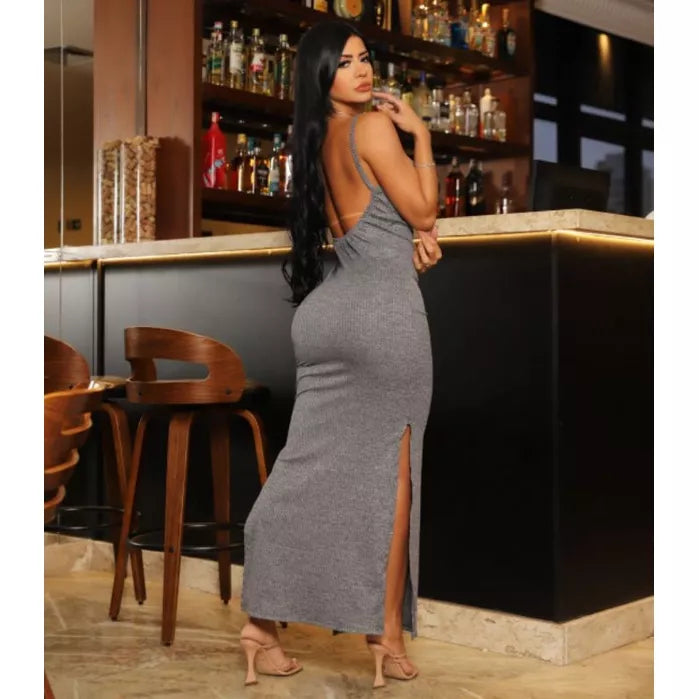 Vestidos Feminino canelado longo Alcinha Decote Costa Nua Com fenda Lateral Várias Cores