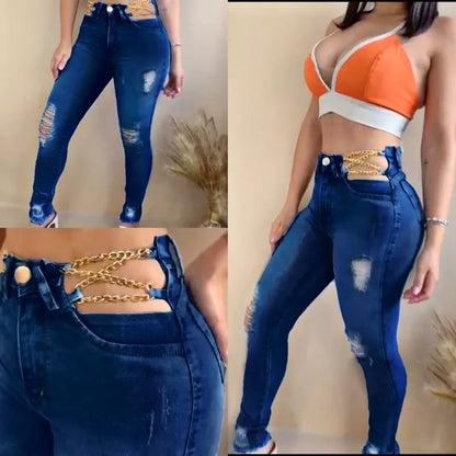 Calça Jeans Feminina Corrente Modelagem Empina Bumbum Forma Padrão Azul Destroyed
