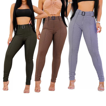 Calça Feminina Com Cinto Tecido Jacquard Xadrez cintura alta
