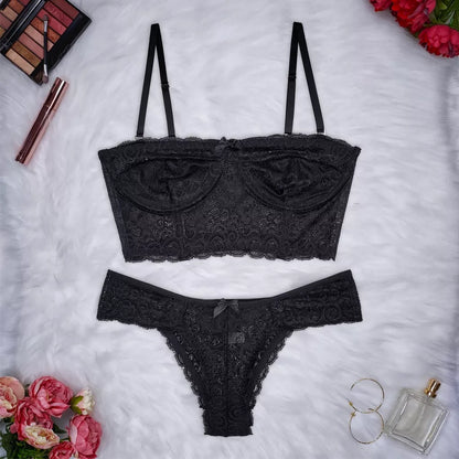Conjunto Lingerie Renda Sutiã Cropped Alça Removível Tomara Que Caia Calcinha Estela