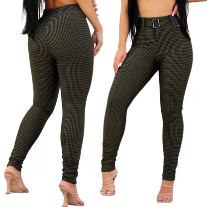 Calça Feminina Com Cinto Tecido Jacquard Xadrez cintura alta