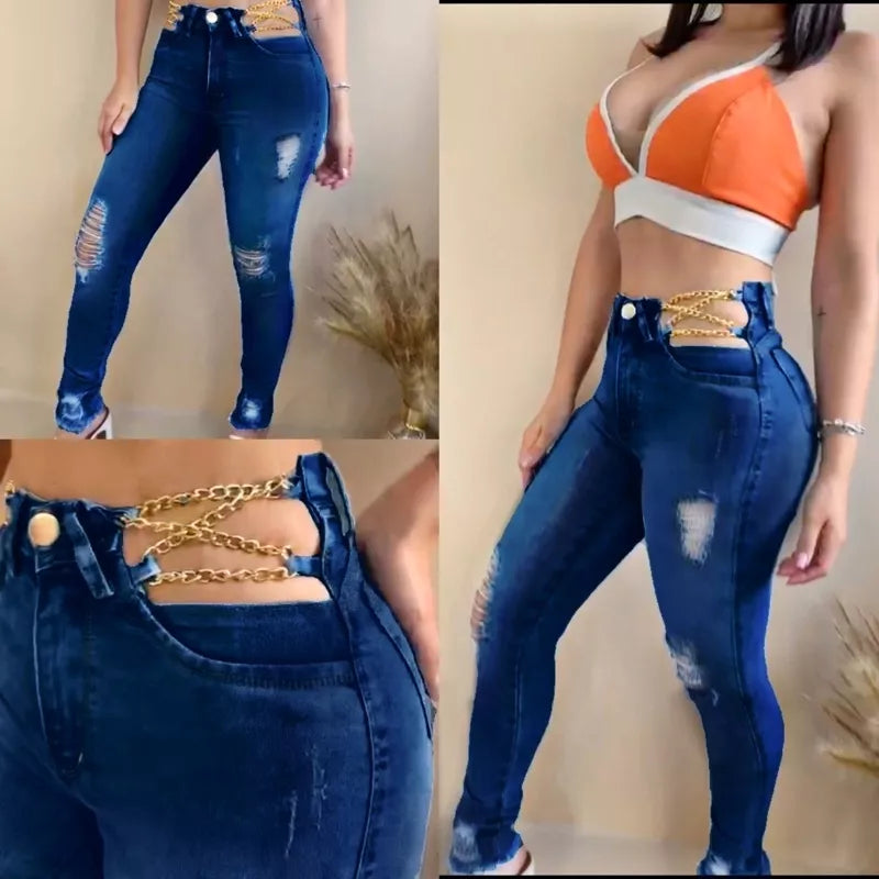 Calça Jeans Feminina Corrente Modelagem Empina Bumbum Forma Padrão Azul Destroyed