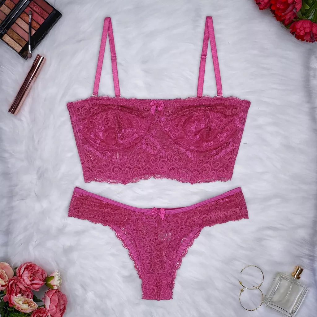 Conjunto Lingerie Renda Sutiã Cropped Alça Removível Tomara Que Caia Calcinha Estela