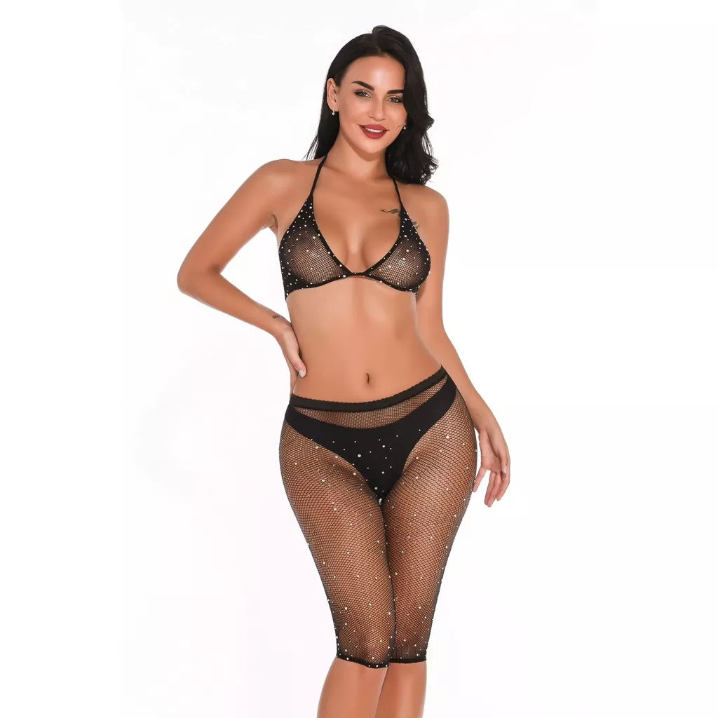 Roupa Íntima Feminina/Body Sexy De Malha Metálica Com Strass Brilhante E Bonita/lingerie