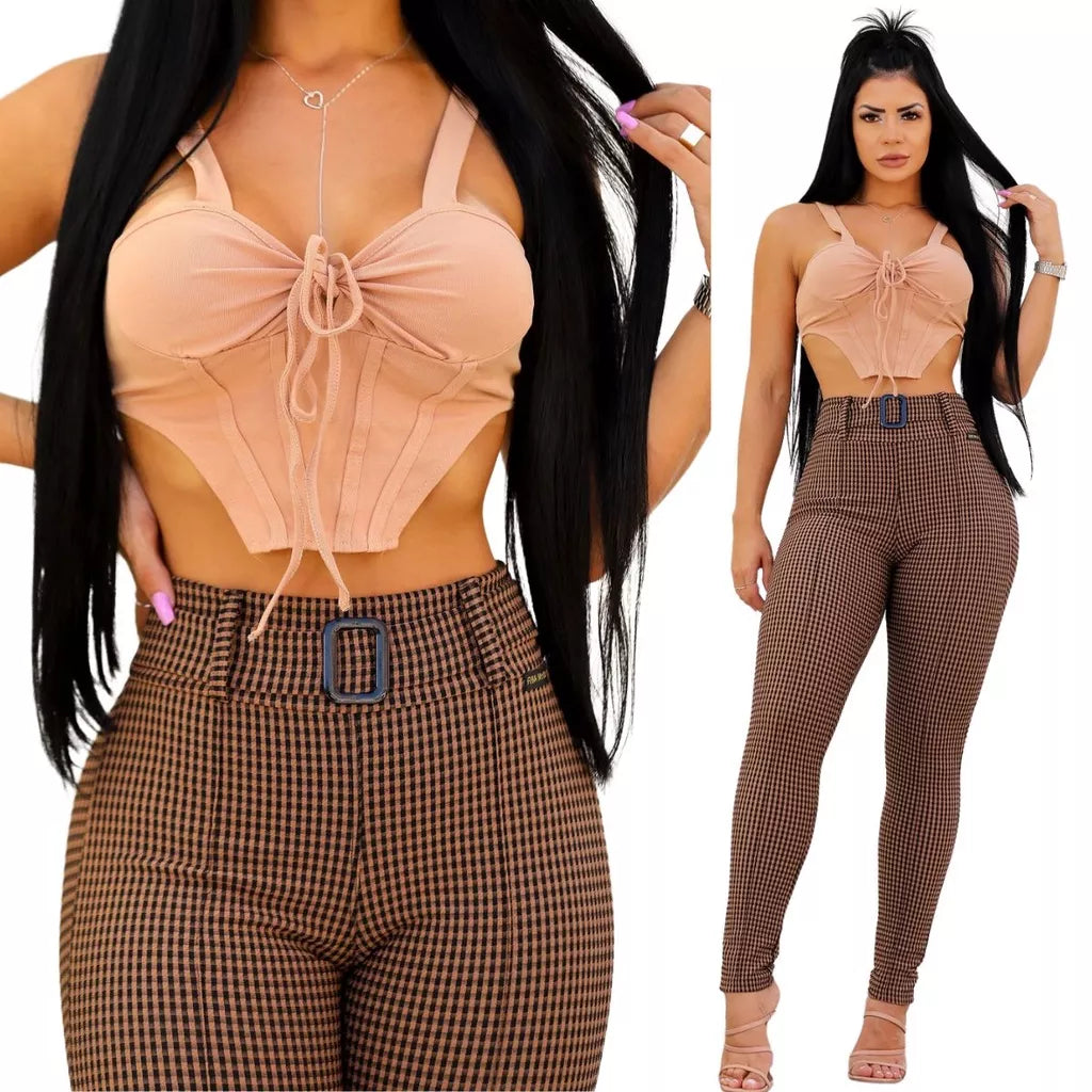 Calça Feminina Com Cinto Tecido Jacquard Xadrez cintura alta