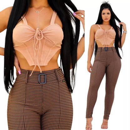 Calça Feminina Com Cinto Tecido Jacquard Xadrez cintura alta