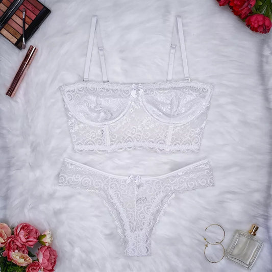 Conjunto Lingerie Renda Sutiã Cropped Alça Removível Tomara Que Caia Calcinha Estela