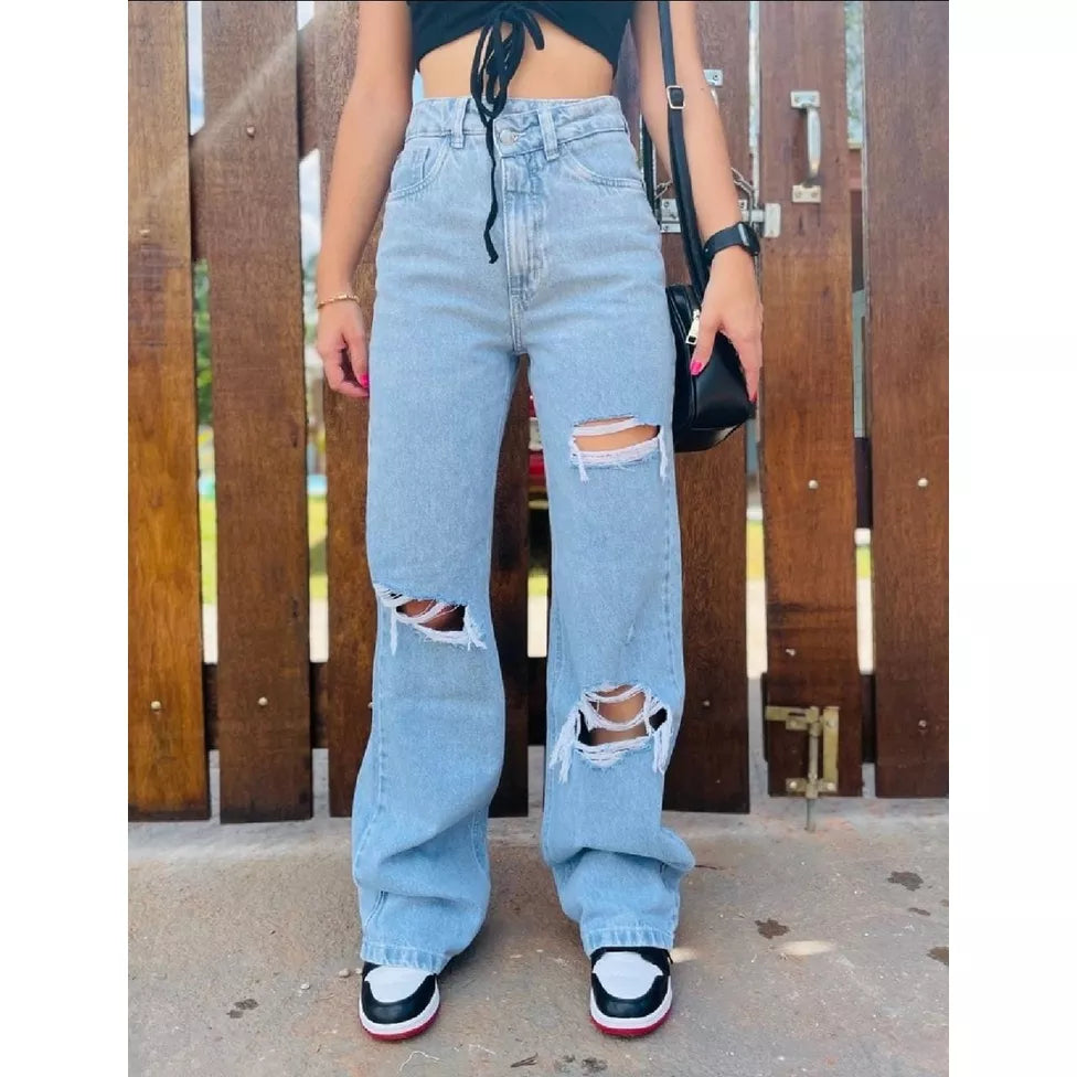 Calça Wide Jeans Destroyed no Joelho Tendencia Lola Store