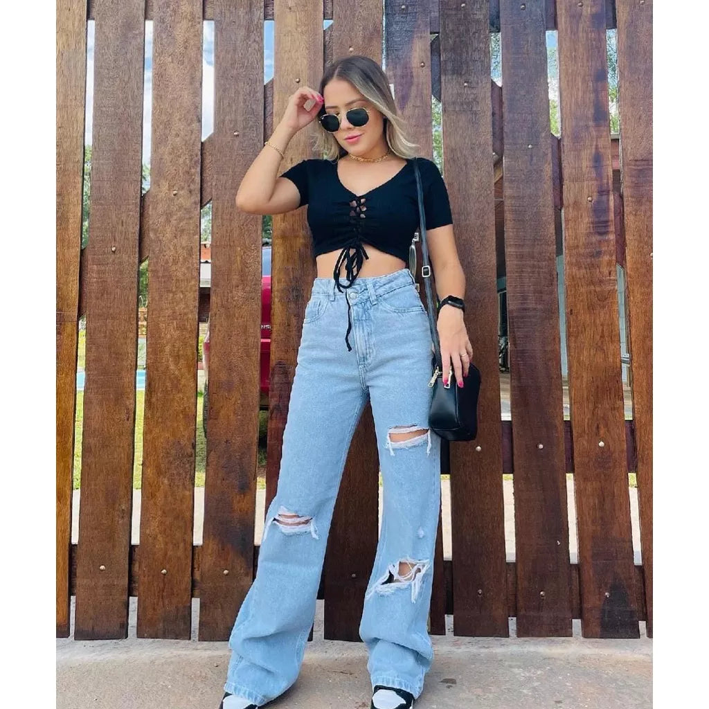 Calça Wide Jeans Destroyed no Joelho Tendencia Lola Store