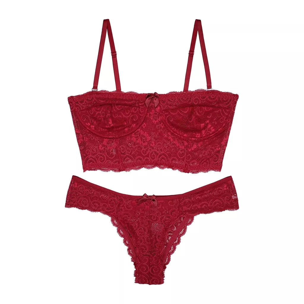 Conjunto Lingerie Renda Sutiã Cropped Alça Removível Tomara Que Caia Calcinha Estela