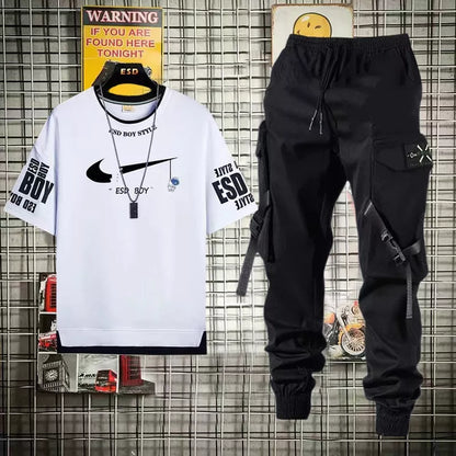 Calça Cargo Feminina Masculina Preta + Conjunto Masculino Com Camiseta Manga Curta E Estilo Hip Hop