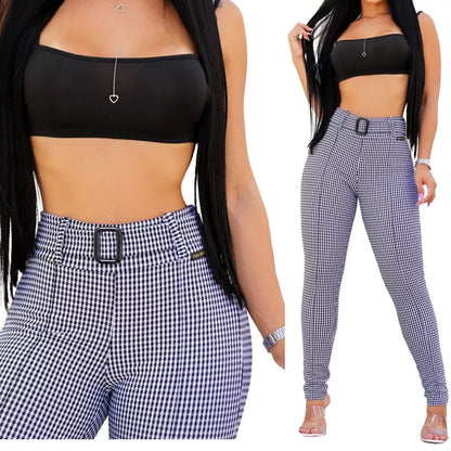 Calça Feminina Com Cinto Tecido Jacquard Xadrez cintura alta