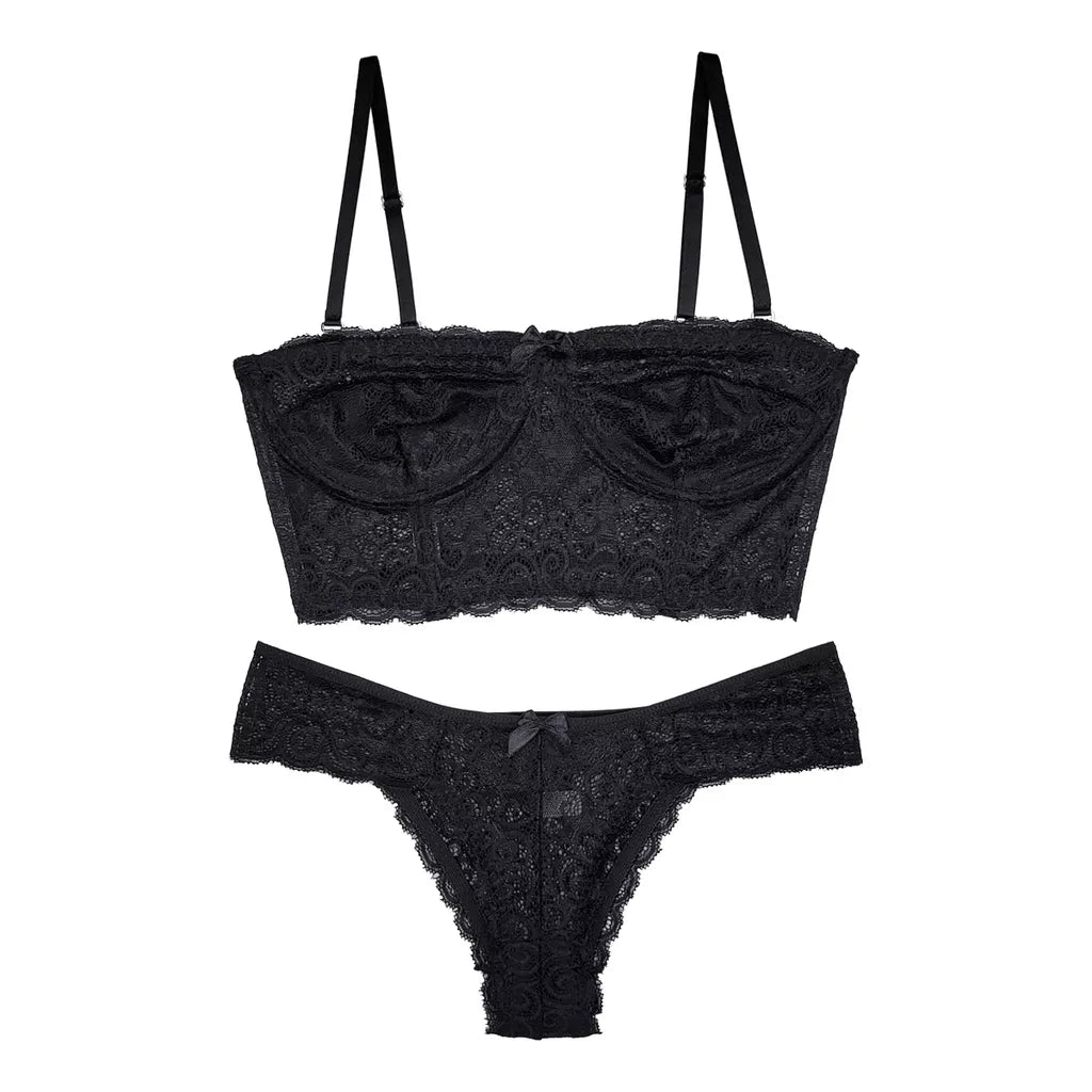 Conjunto Lingerie Renda Sutiã Cropped Alça Removível Tomara Que Caia Calcinha Estela