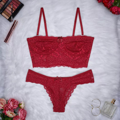 Conjunto Lingerie Renda Sutiã Cropped Alça Removível Tomara Que Caia Calcinha Estela