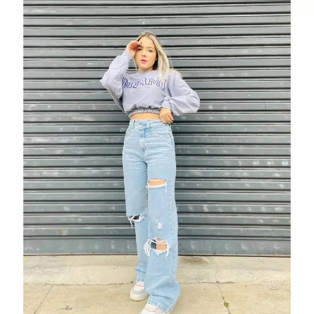 Calça Wide Jeans Destroyed no Joelho Tendencia Lola Store